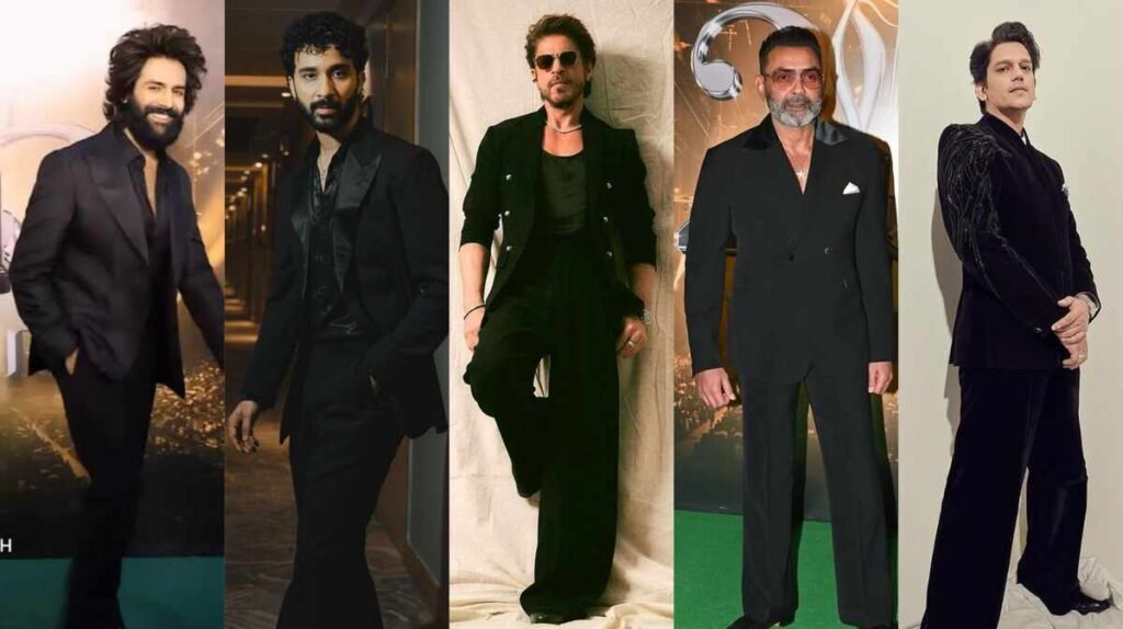 IIFA 2025, IIFA Awards, Jaipur, Rajasthan, Bollywood Awards, Green Carpet   , Bollywood Events, All-Black Outfit   , Black Suit   , Bollywood Fashion, Celebrity Style, Red Carpet Fashion, Men's Fashion, Ethnic Wear ,Vijay Varma) Double-Breasted Blazer, Shah Rukh Khan   , SRK, Raghav Juyal, Bobby Deol   , Vijay Varma, Kartik Aaryan, Bollywood Stars, Tinted Sunglasses, Velvet Blazer, Embroidered Suit, Pocket Square, Satin Vest, Brooch, Celebrity Appearances, Bollywood Glamour, Fashion Trends, Award Show Fashion, March 8th 2025   , March 9th 2025,