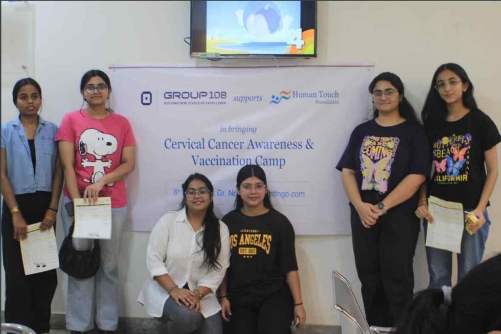 Cervical Cancer Prevention, HPV Vaccination Camp, Human Touch Foundation, Group 108, Greater Noida, Cervical Cancer Awareness, Women's Health, Free HPV Vaccine, Community Outreach, CSR Initiative, Social Responsibility, Healthcare Camp, Dr. Nidhi Sethia Garg, Kidz and Momz Clinic, Dr. Amish Bhutani, Dr. Upasana Singh, Cervical cancer prevention camp Greater Noida, Free HPV vaccination camp for women, Human Touch Foundation cervical cancer awareness, Group 108 CSR women's health, Cervical cancer screening awareness campaign, HPV vaccine benefits for women, Community health initiative Greater Noida, NGO for cervical cancer prevention India, Human Touch Foundation initiatives, Group 108 CSR activities, Greater Noida health camp, Cervical cancer camp in Sector 36 Greater Noida,