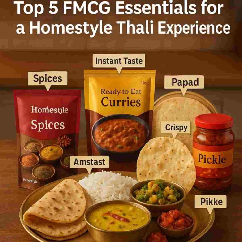 Top 5 FMCG Essentials That Bring Homestyle Flavour and Ease to Your Daily Indian Thali 4 Indian Thali Essentials, FMCG for Indian Cooking, Homestyle Indian Food, Easy Indian Cooking, Traditional Indian Flavors, Hamdard Ginger Garlic Paste, MDH Kitchen King Masala, Amul Pure Ghee , Aashirvaad Atta , Mother's Recipe Mango Pickle , Best FMCG for Indian Daily Meals Top 5 Indian Grocery Essentials, Quick Indian Cooking Solutions, How to Make Indian Thali Easy, Authentic Indian Food Brands, Essential Spices for Indian Cooking, Best Wheat Flour for Indian Bread, Traditional Indian Condiments, Convenient Ginger Garlic Paste for Indian Food, All in One Masala for Indian Dishes, Indian Groceries Noida, FMCG Brands in Haryana, Buy Indian Food Essentials Online India,
