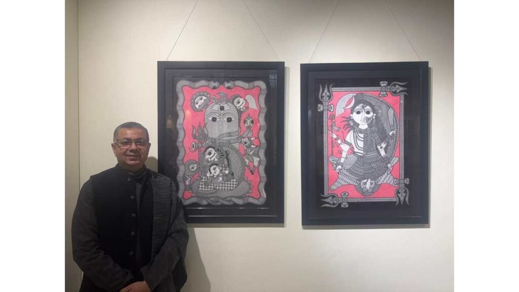 The artwork titled “Purusha–Prakriti” by artist Mrinal Singh brings to light the fundamental principles of Mithila art 1 Artist Mrinal Singh, Sankhya philosophy art, Mithila painting Purusha Prakriti, Mrinal Singh artist, Advaita thought in art, Indian philosophical paintings