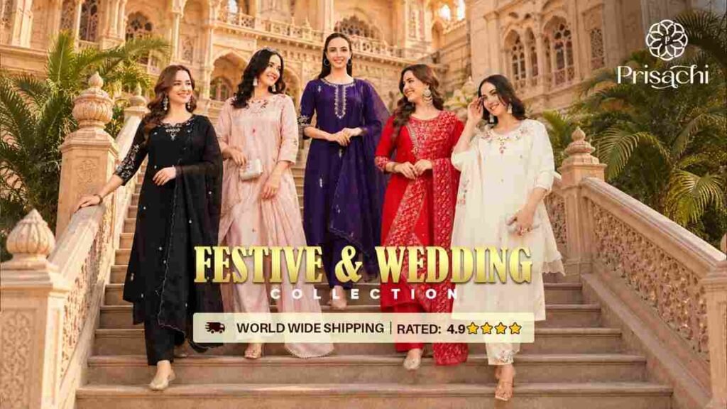 Prisachi ethnic wear, wedding guest outfits, affordable ethnic wear, zardozi kurta sets, chikankari suit sets, budget Indian wedding wear, haldi outfit ideas, mehndi dress collection, sangeet kurtas, occasion wear shopping, Indian fashion e-commerce, diaspora ethnic wear