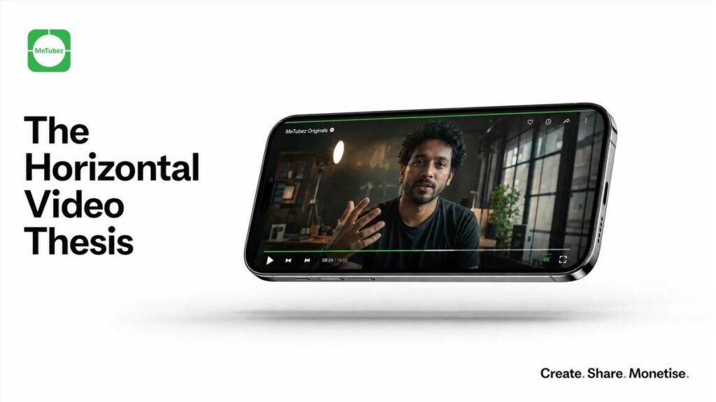 Why Horizontal Video Is India's $2 Billion Blind Spot 1 MeTubez mobile app interface showing seamless 16:9 horizontal video playback with vertical swipe navigation